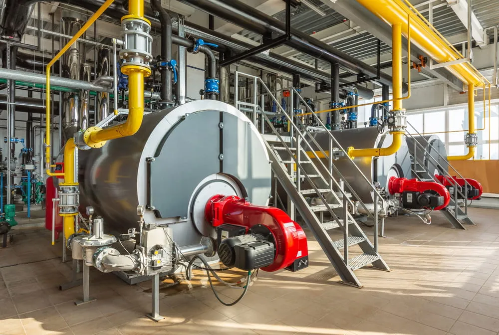 Industrial fire-tube boiler room with pipework, gauges, and burner units at a manufacturing facility